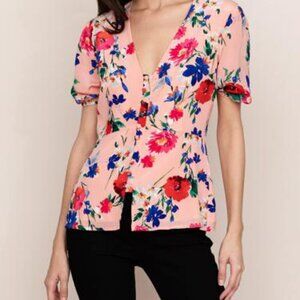 Yumi Kim Short Elastic Sleeve Button Front Blouse - Floral - Pink Multi/Sunnysid